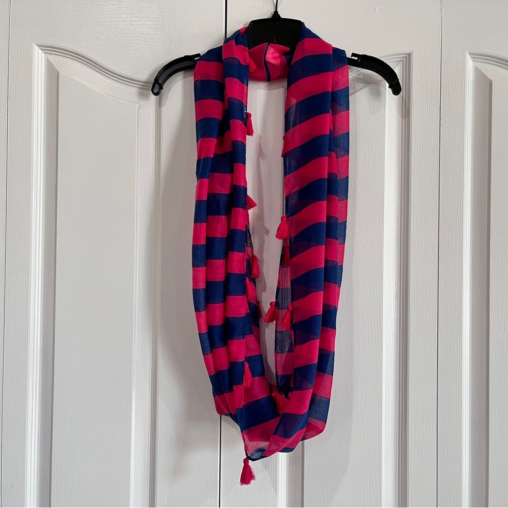 Dark pink magenta and blue stripe infinity scarf with tassels